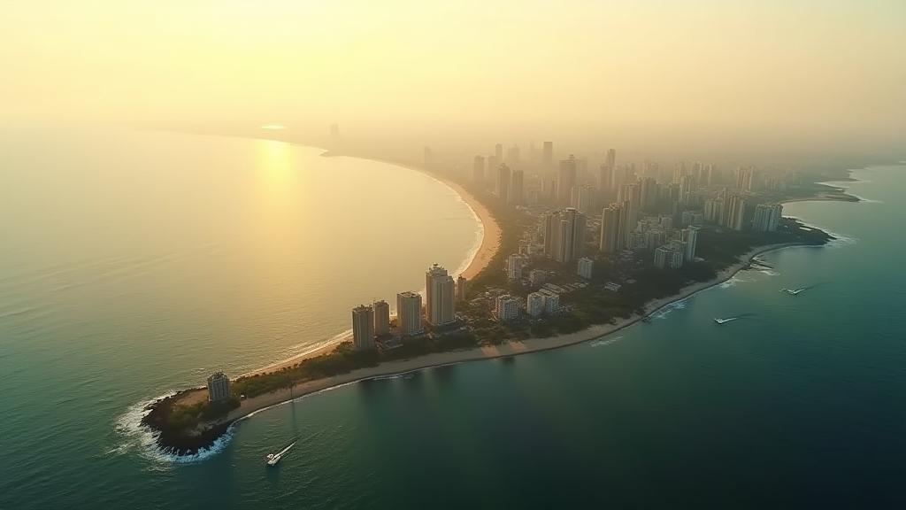 Cinematic aerial view of a diverse film location in Mumbai, India, showing a coastline and city skyline
