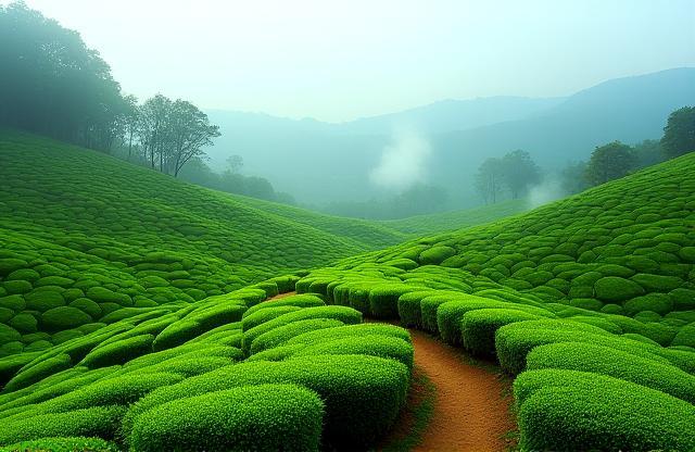 Lush green tea plantations in Munnar, Kerala