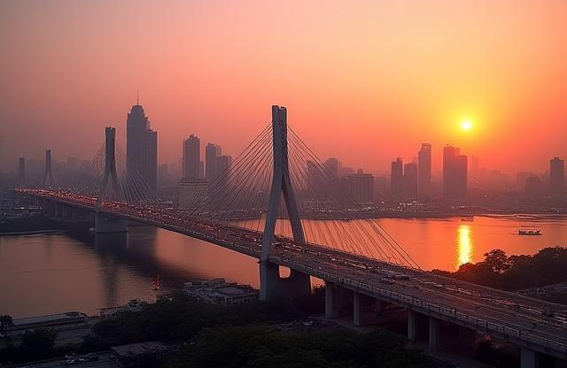 Modern city skyline view of Bandra Worli Sea Link in Mumbai at sunset